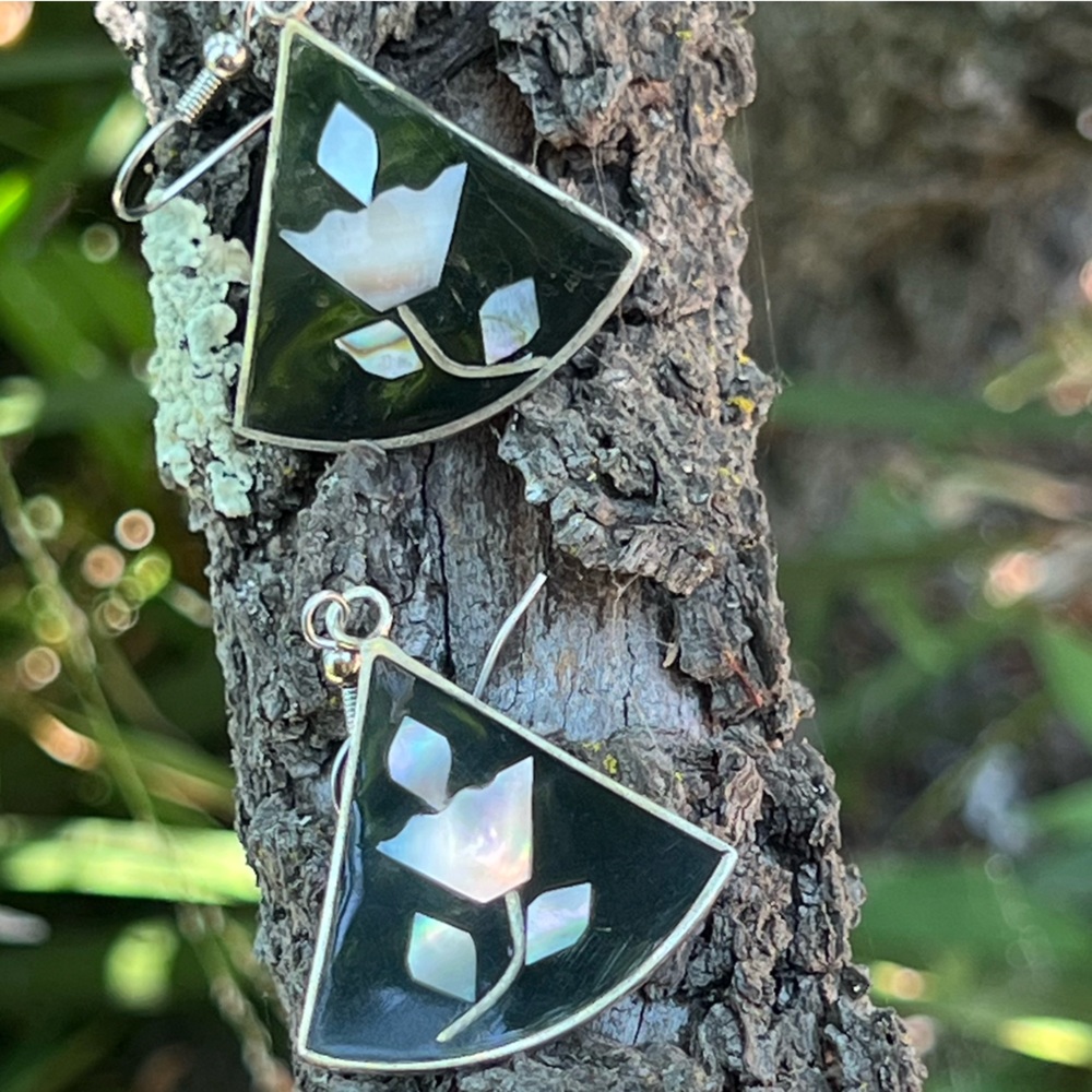 Vintage Alpaca Mexico Silver Abalone & Mother of Pearl Inlaid Dangle Earrings